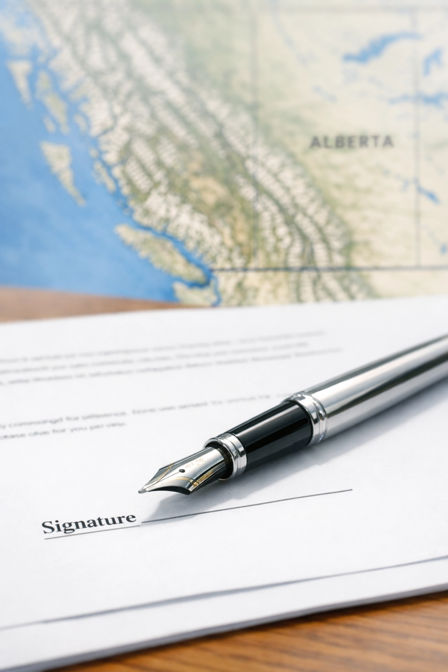 Silver pen on legal contracts representing debt recovery services for a collection agency in BC and Alberta.
