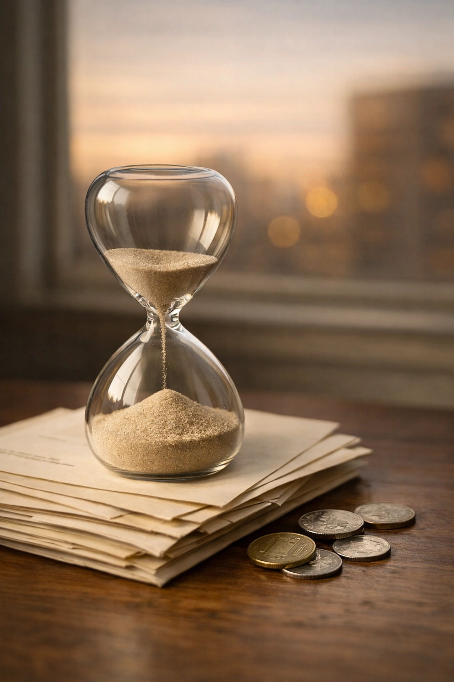 Hourglass sitting on unpaid invoices and Canadian currency highlighting the urgency of recovering B2B debt in Calgary.