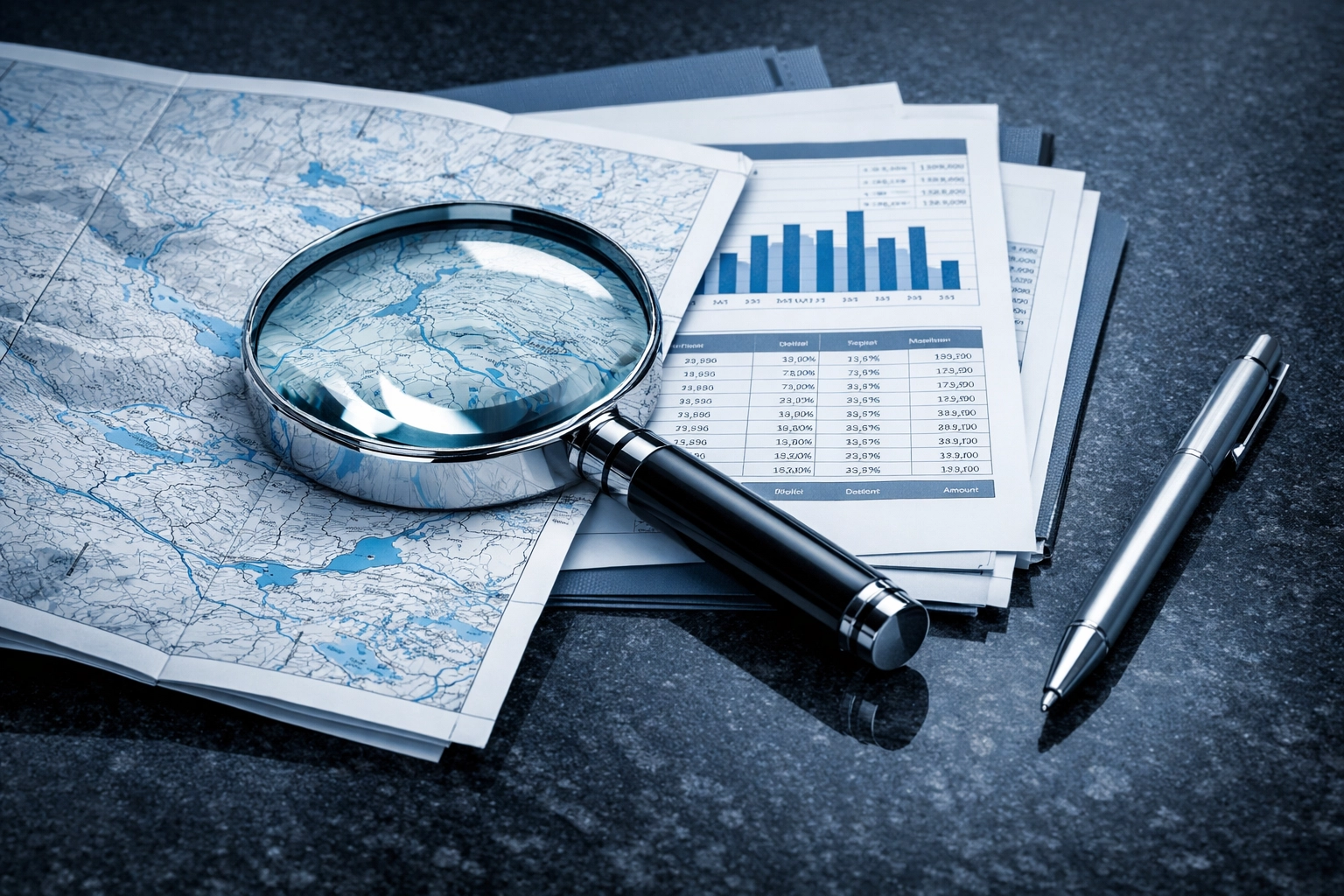 Magnifying glass on business ledgers and maps used by a commercial collection agency for skip tracing and asset tracking.