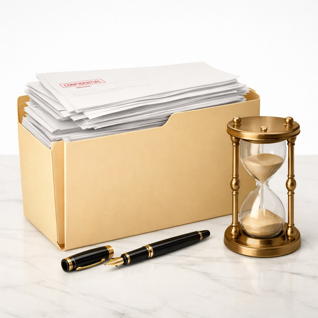 Organized debt collection paperwork and an hourglass for timely recovery in Western Canada.