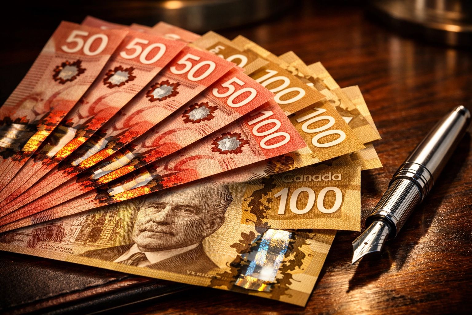 Recovered Canadian dollars and professional pen symbolizing no-fee debt collection services in BC.