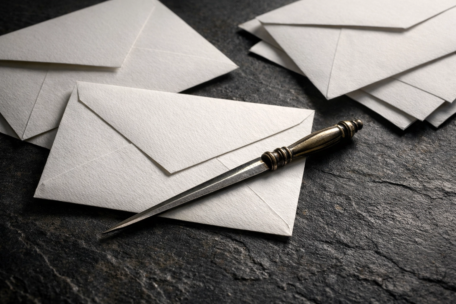Business envelopes and letter opener illustrating debt recovery communications and payment processing.