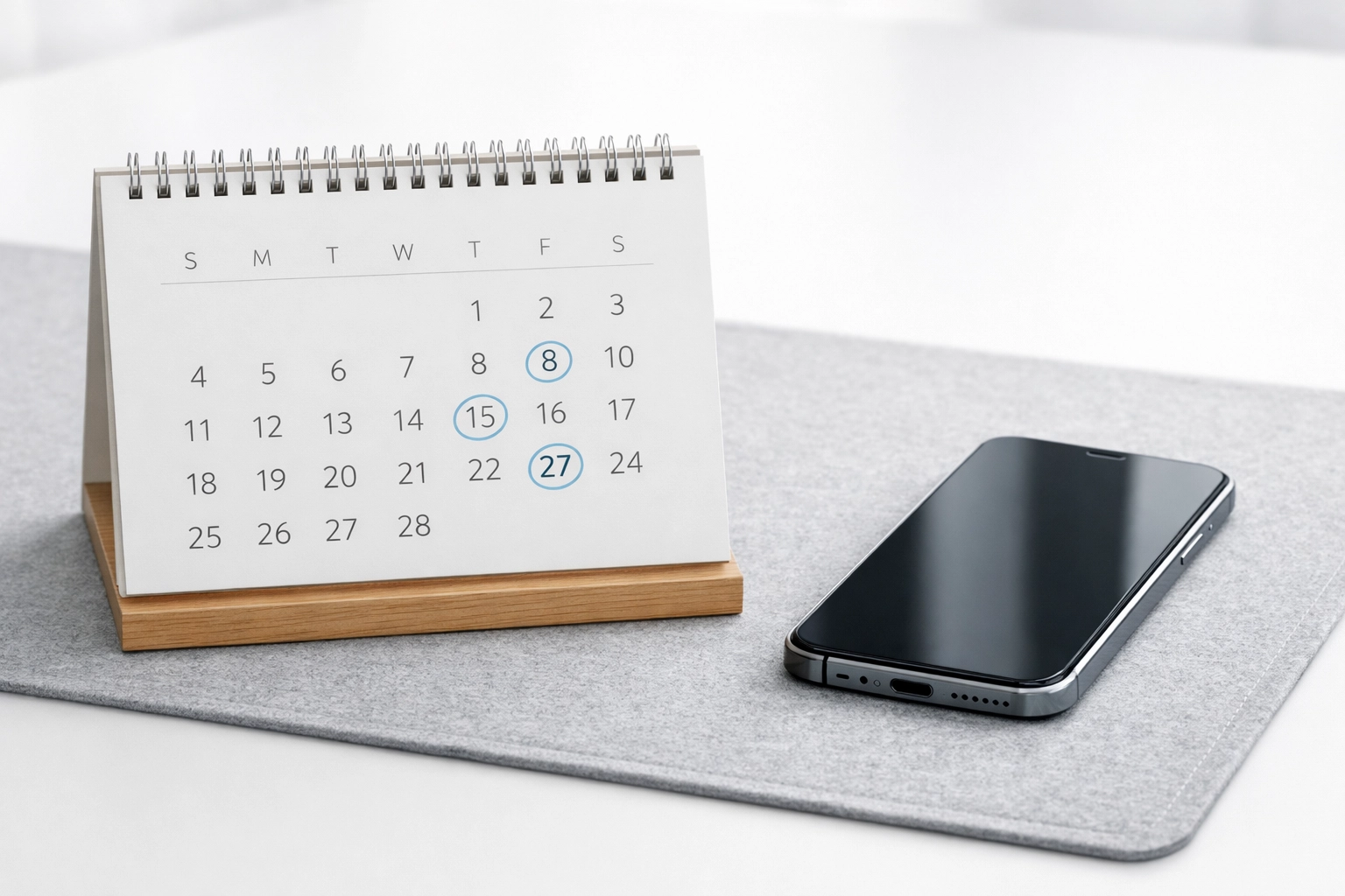 Modern desk calendar and smartphone highlighting a structured debt collection follow-up and account management schedule.