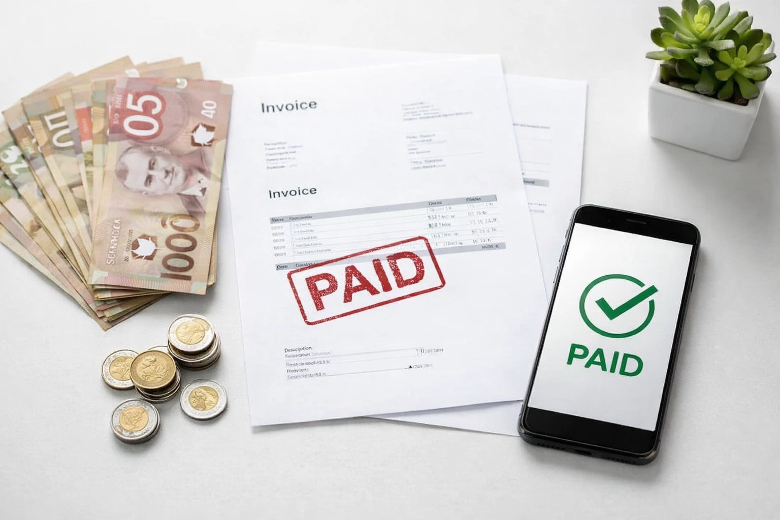 Canadian currency, invoice documents, a paid stamp, and a smartphone representing successful recovery of overdue invoices for small businesses.