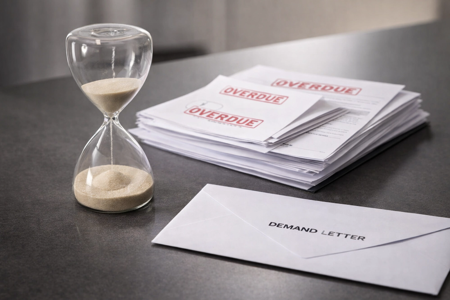 An hourglass beside overdue invoices and a sealed demand letter on a premium desk, signifying urgency for a collection agency in BC.