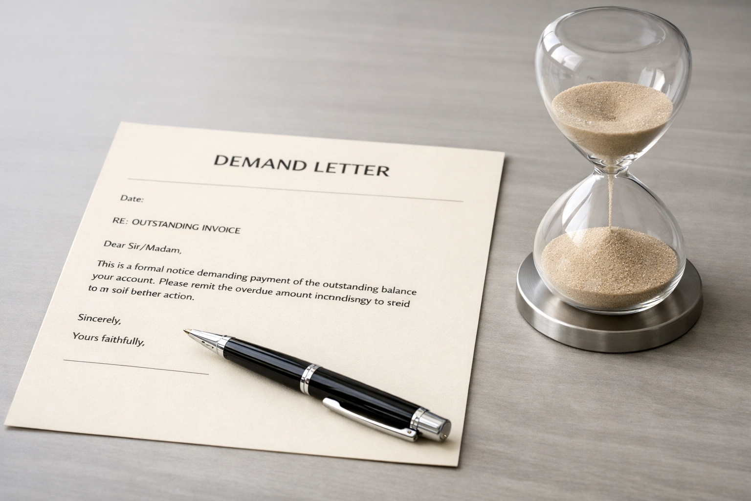 Formal collection letter with executive pen and hourglass used to recover an unpaid invoice.