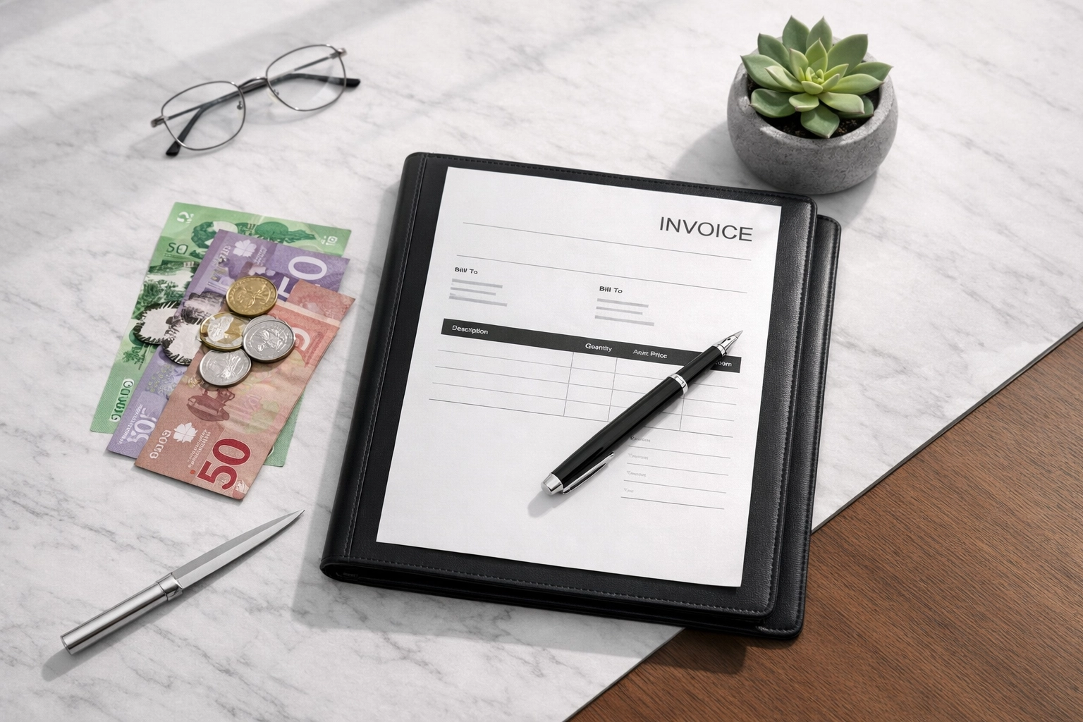 Professional desktop scene with Canadian currency, a tidy invoice folder, and a metal letter opener on a premium desk.
