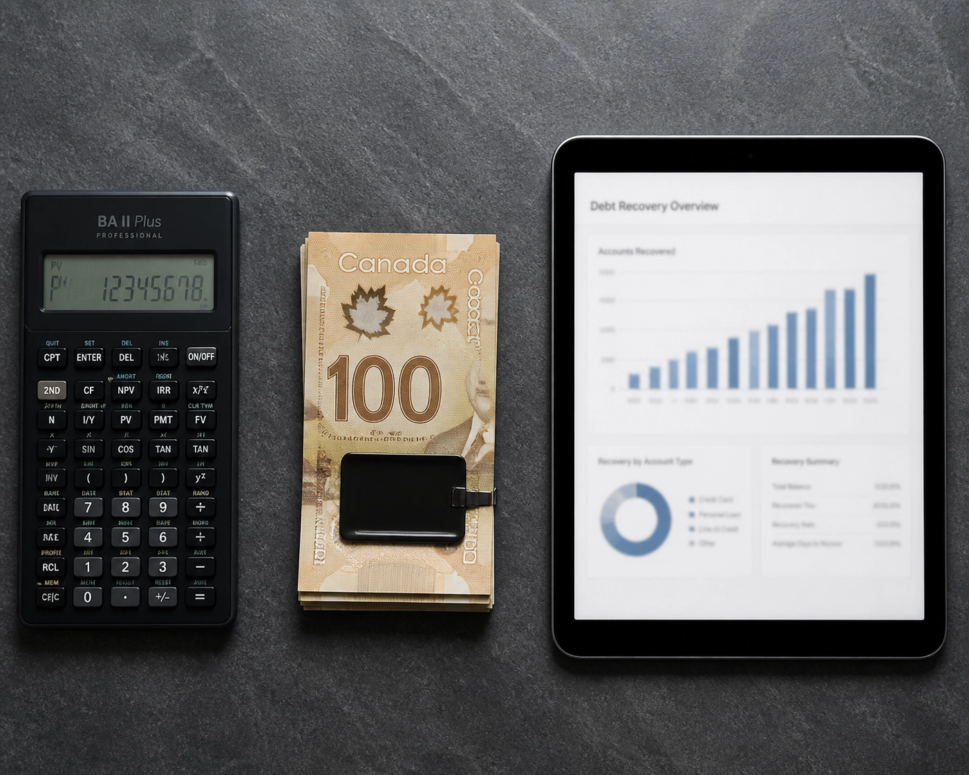 Calculator and Canadian currency highlighting efficient business debt recovery and cash flow management.