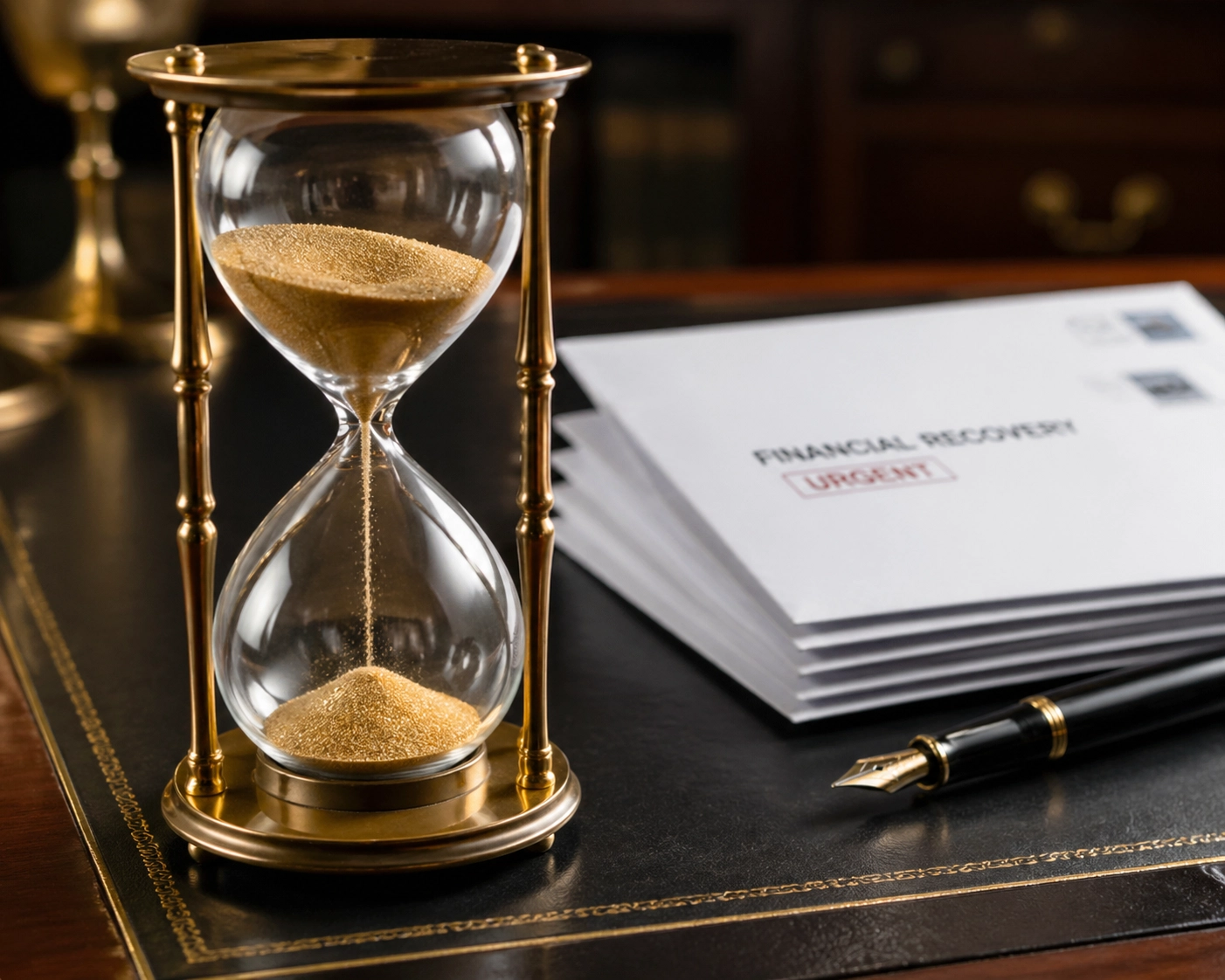 An hourglass on a desk symbolizing urgent deadlines for a collection agency in BC or Alberta to recover debt.