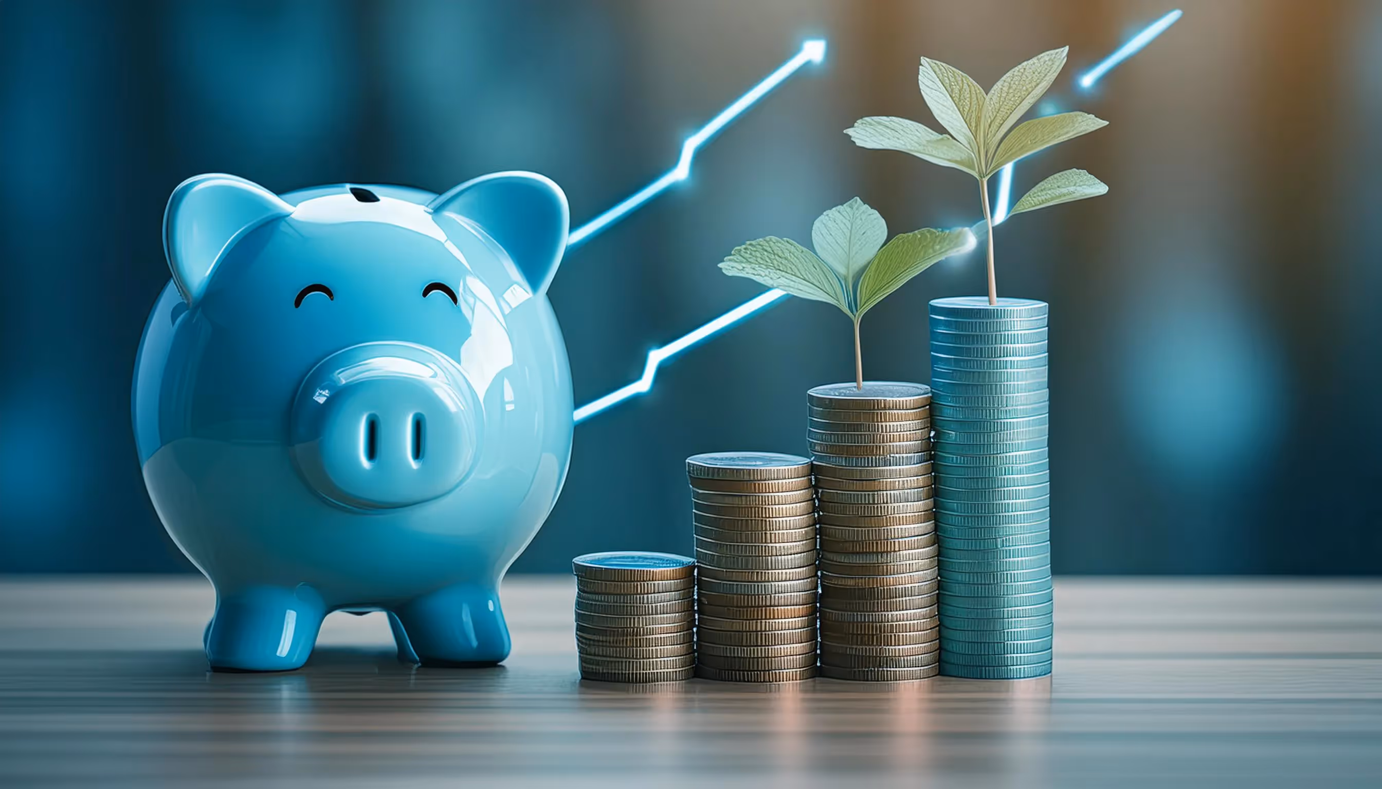 Tirelire bleue à côté de piles de pièces de monnaie avec des plantes qui poussent, représentant la croissance des finances et la protection contre l'inflation.