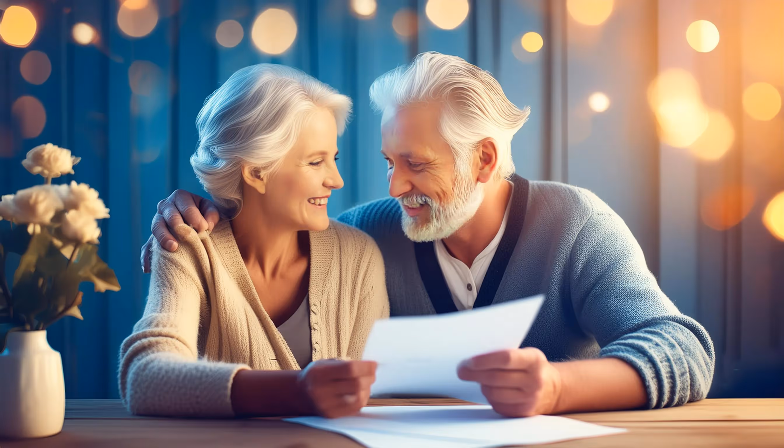Couple de personnes âgées souriant et examinant des documents ensemble, représentant la préparation et la planification de la retraite.