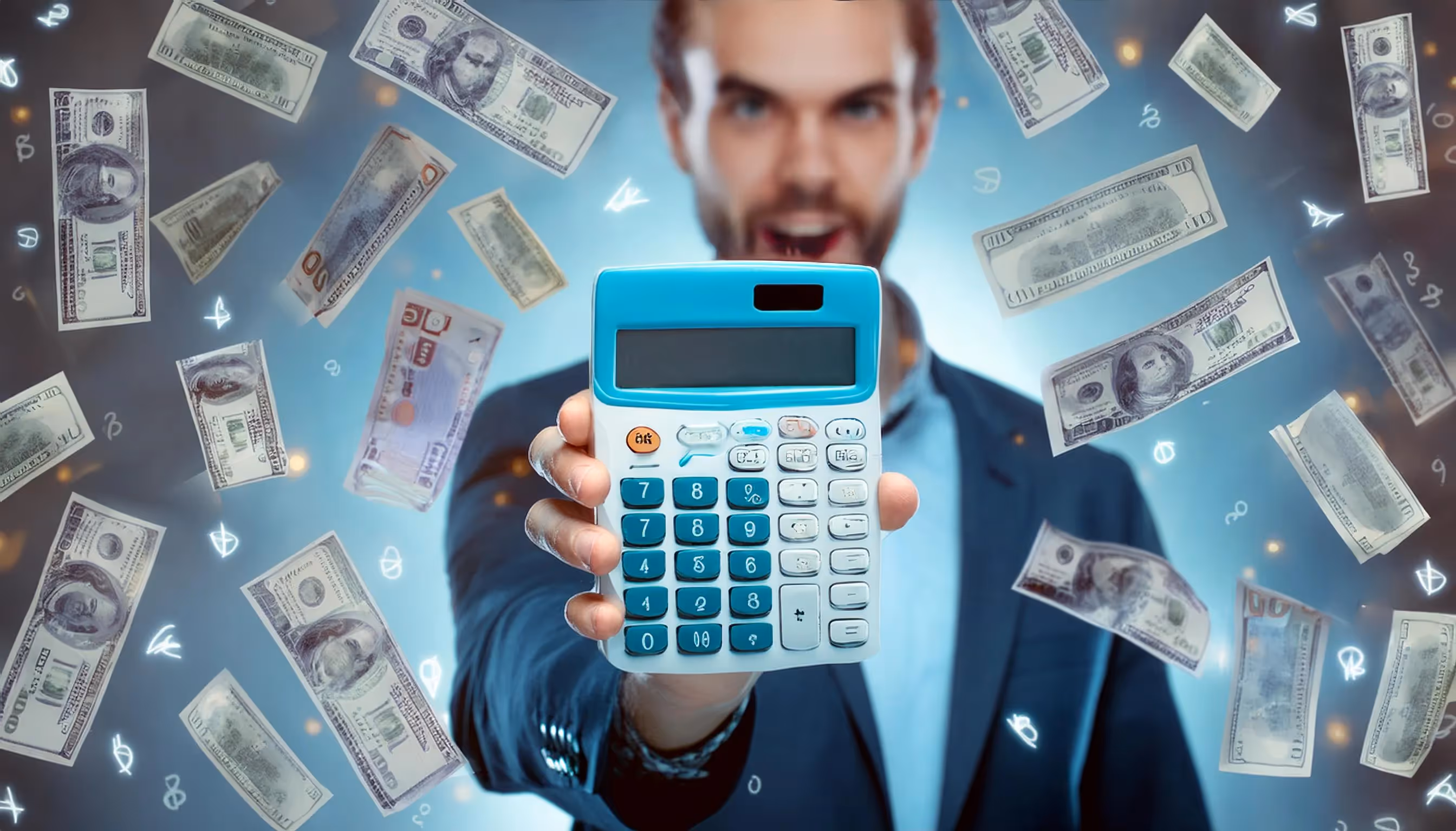 Homme souriant tenant une calculatrice avec des billets de banque flottant autour de lui, symbolisant les stratégies pour réduire ses impôts.
