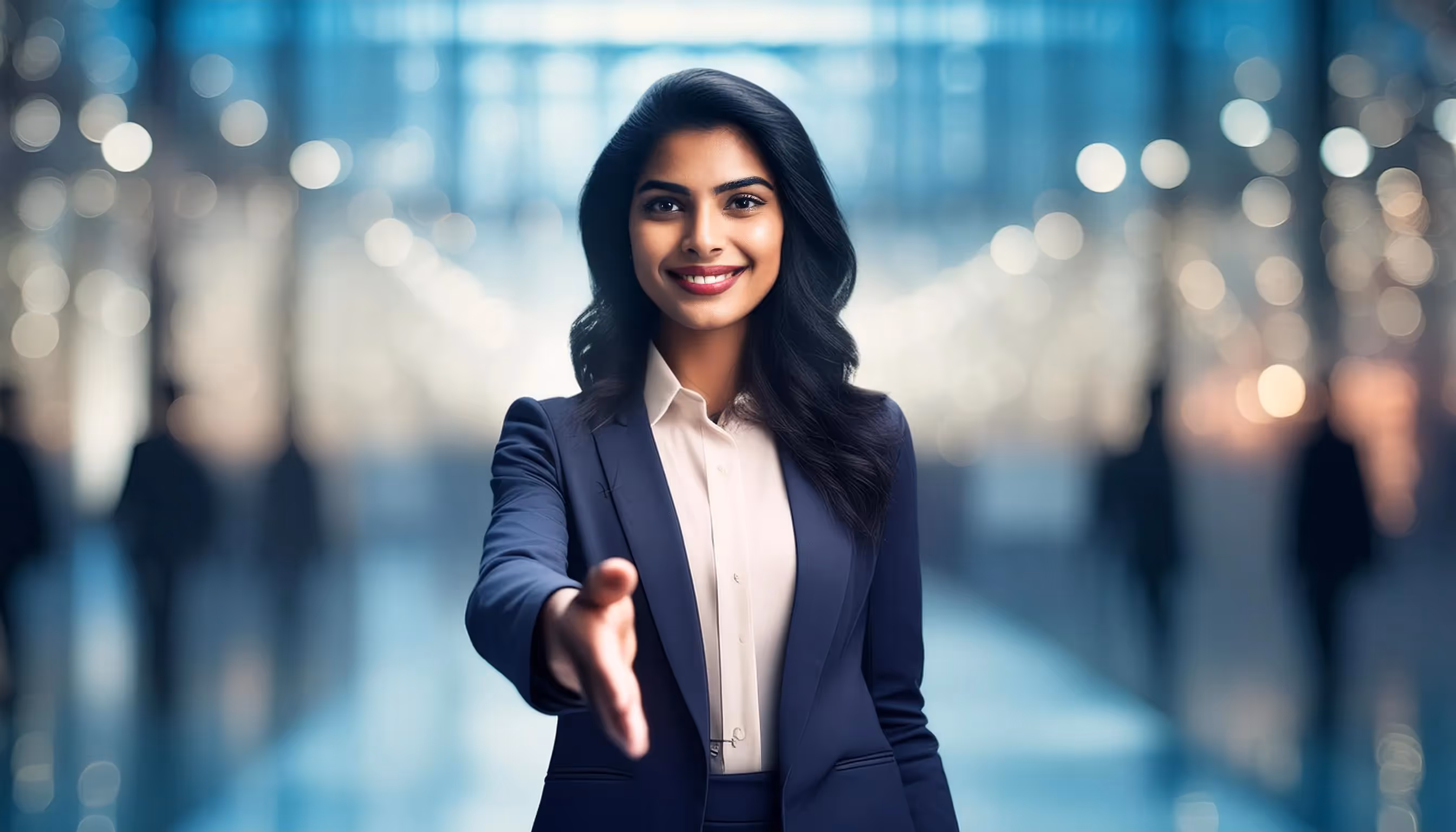 Texte alternatif pour l'image : Femme en costume tendant la main pour une poignée de main, symbolisant la gestion de patrimoine et la relation de confiance avec les clients.