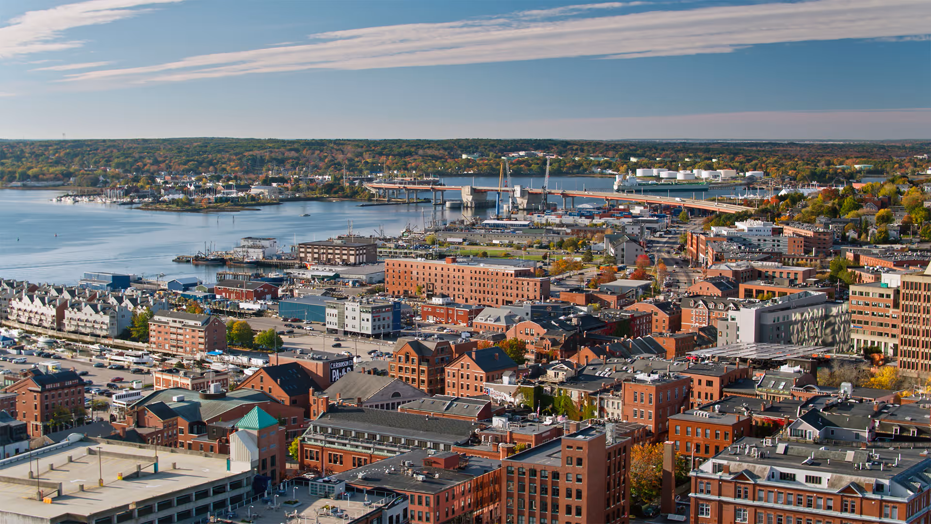 extended stay hotel in portland maine - skyline of portland maine - buildings and river 
