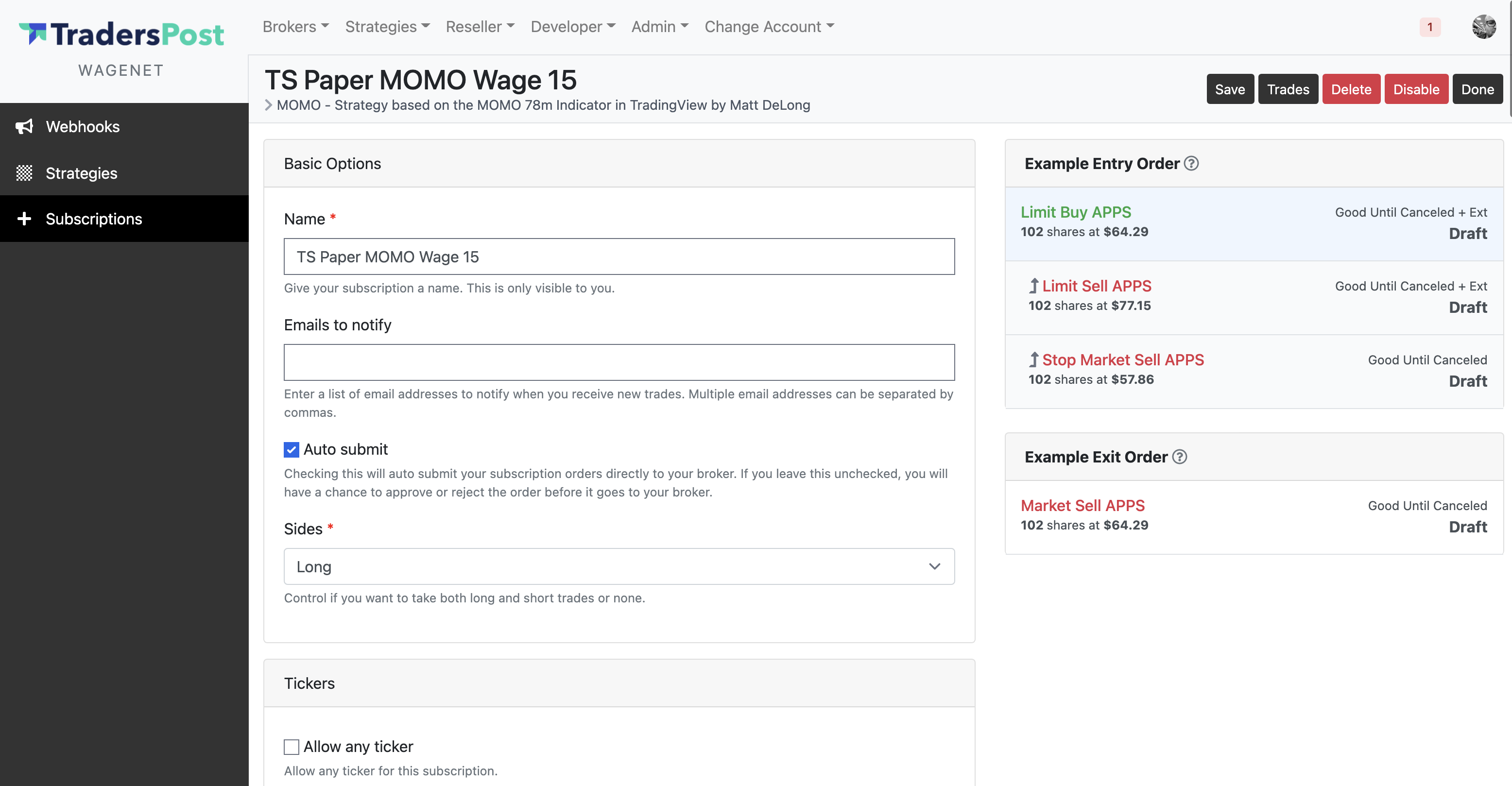 Example Strategy Subscription Order