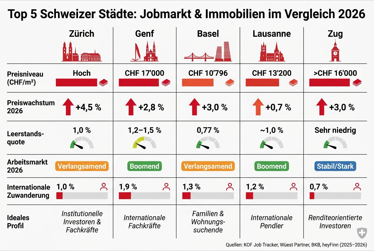 Top 5 Schweizer Städte: Jobmarkt & Immobilien im Vergleich 2026