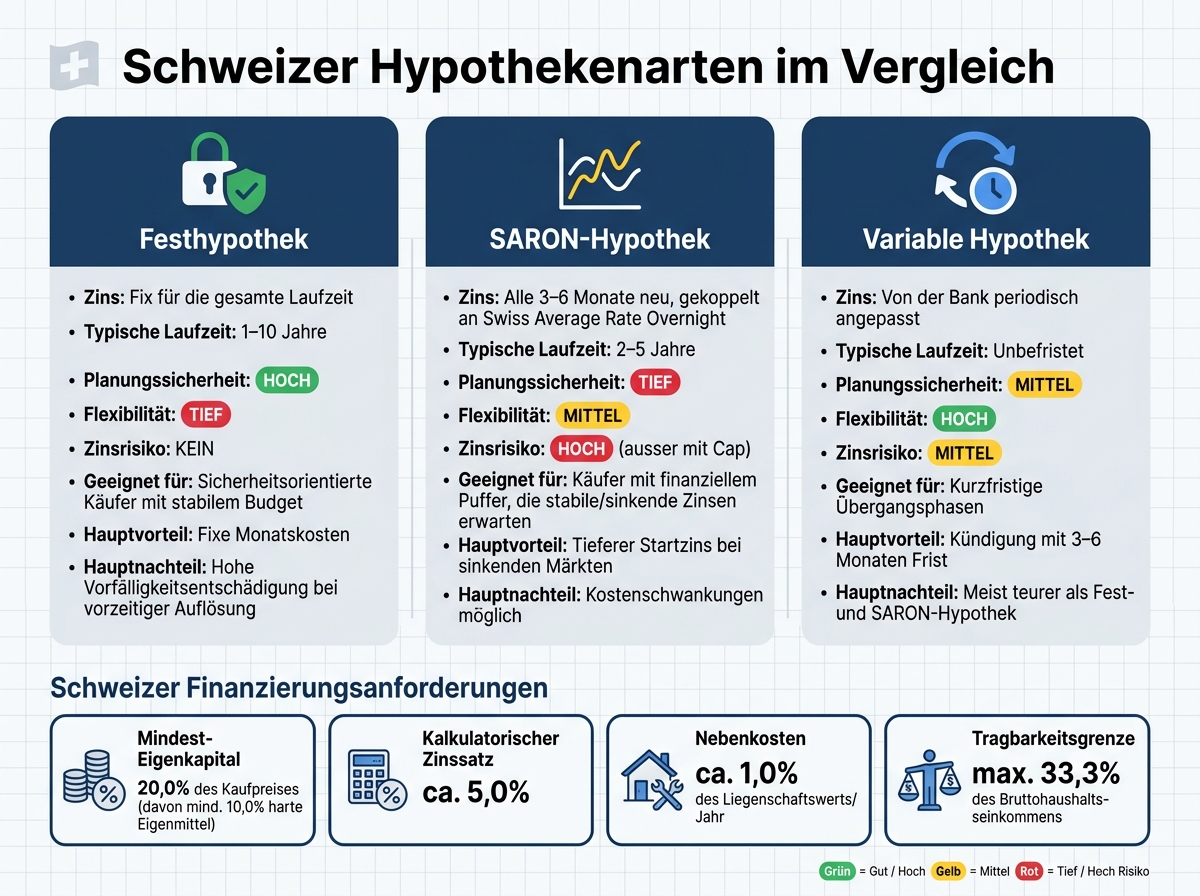 Schweizer Hypothekenarten im Vergleich: Festhypothek vs. SARON vs. Variable