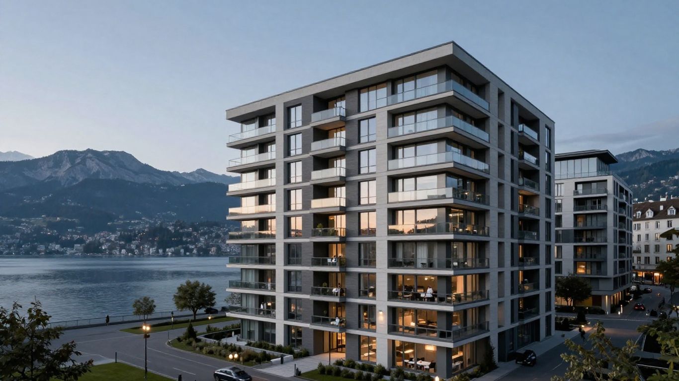 Moderne Neubauwohnungen in Zürich am See mit Bergsicht.