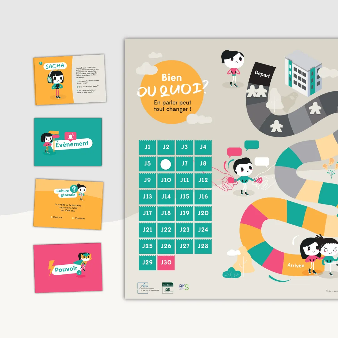 Plateau de jeu et cartes de l'outil éducatif 'Bien ou quoi ?' pour sensibiliser à la santé mentale des adolescents