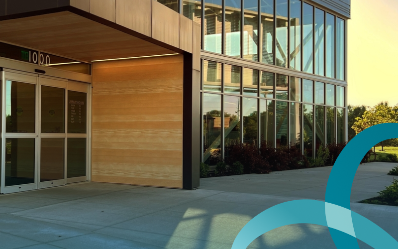 The facade of a modern health care facility.