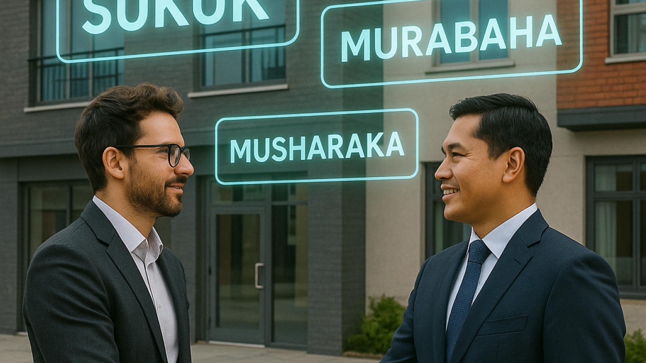 Entrepreneur serrant la main d’un conseiller devant un immeuble mixte commercial et résidentiel, avec des éléments graphiques lumineux représentant les termes Sukuk, Murabaha et Musharaka en arrière-plan.