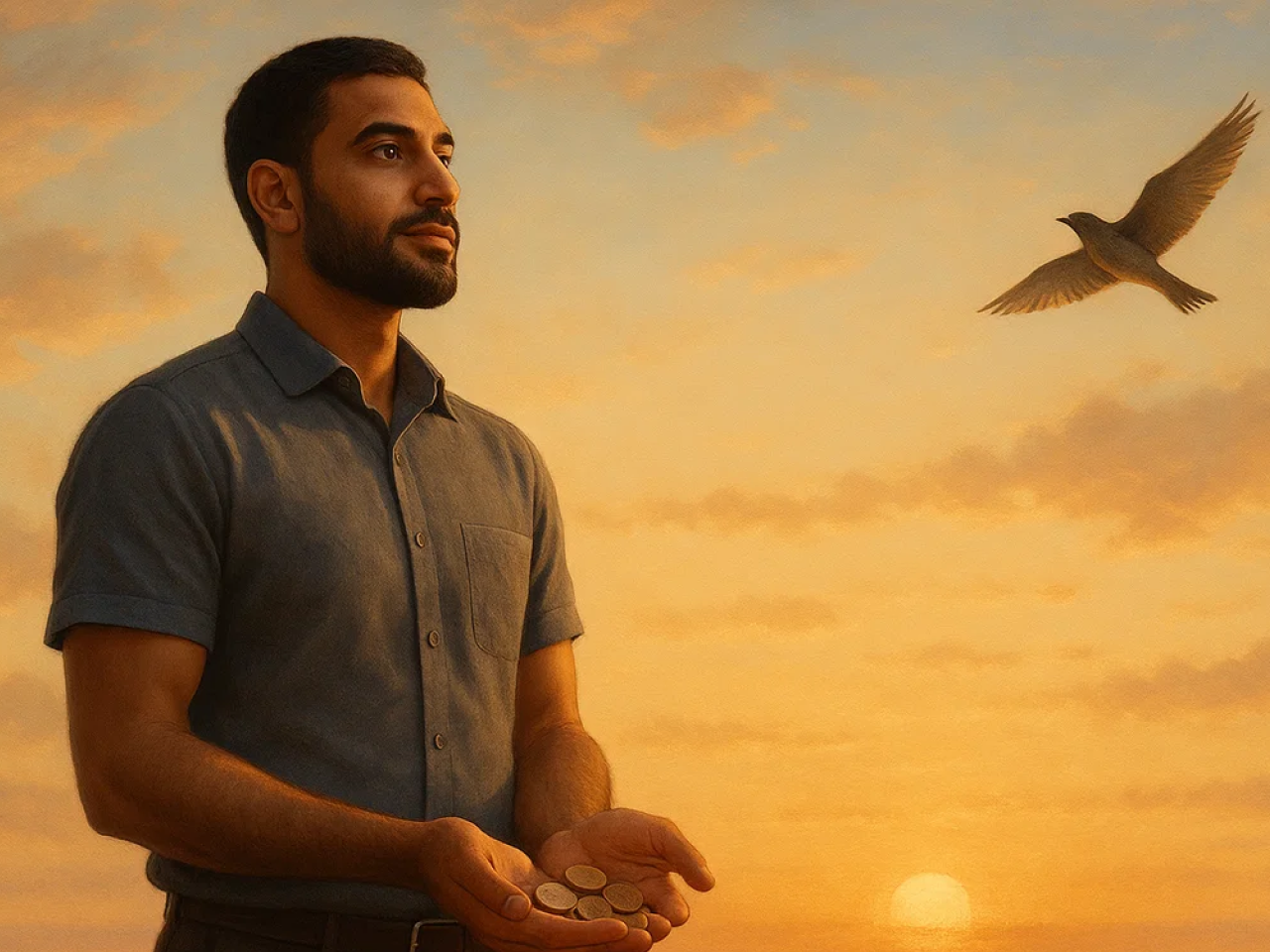 Homme debout au lever du soleil sur une colline, regardant l’horizon avec sérénité, tenant des pièces dans ses mains, un oiseau s’envolant en arrière-plan.