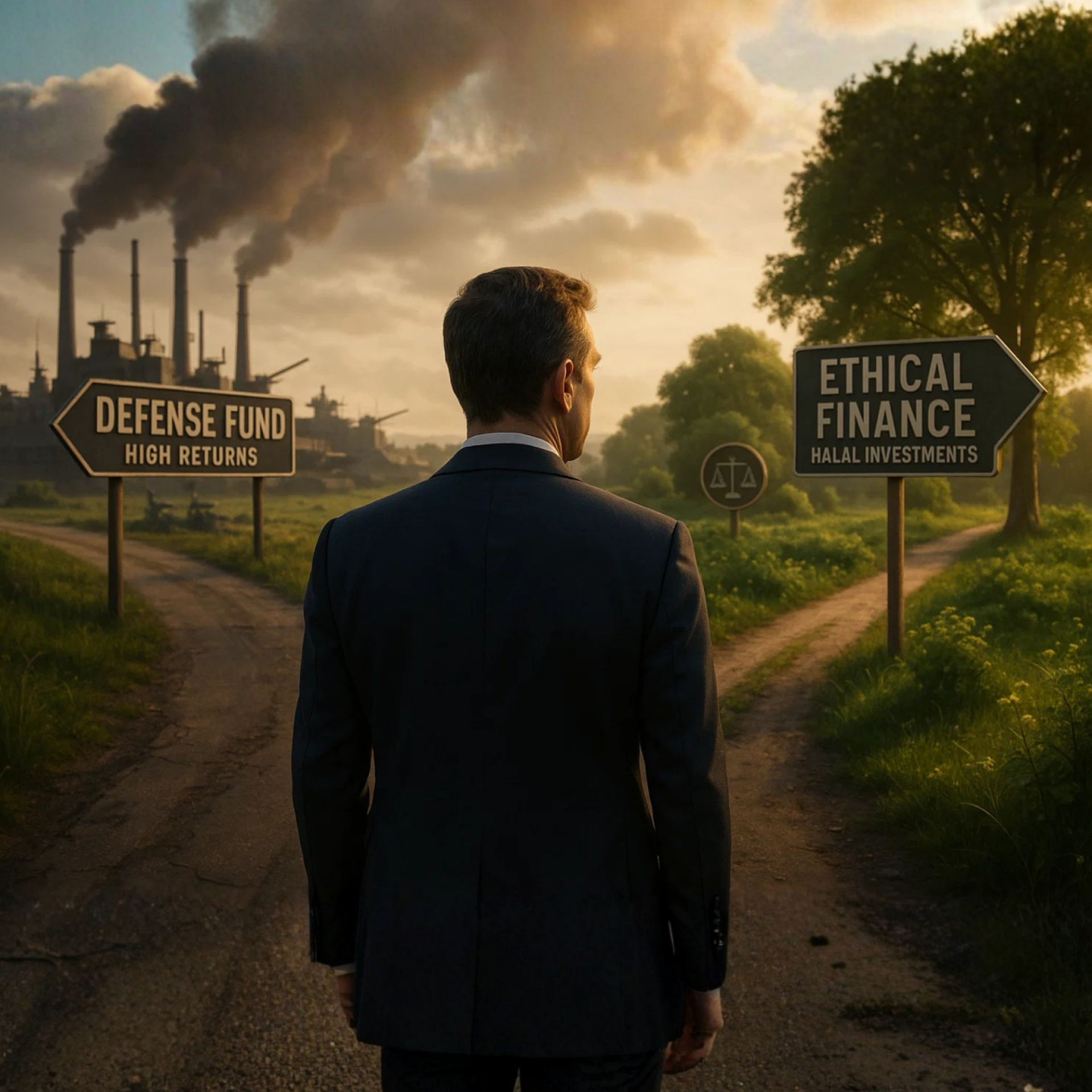 Un investisseur face à un choix entre un fonds à rendement élevé lié à la défense et une finance éthique sans riba.