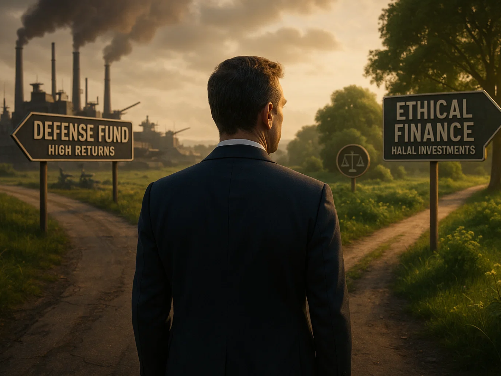Un investisseur face à un choix entre un fonds à rendement élevé lié à la défense et une finance éthique sans riba.