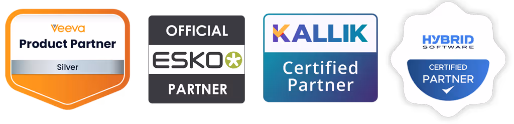 Four partner badges: Veeva Product Partner Silver, Official Esko Partner, Kallik Certified Partner, and Hybrid Software Certified Partner.