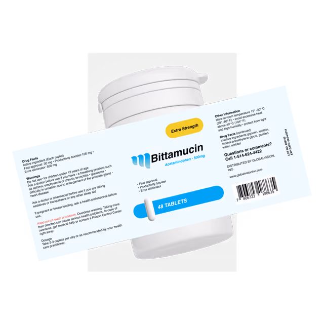 Image showing the labeling on a bottle of medication, including important product information and instructions.