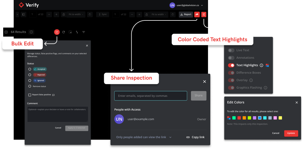 Dashboard UI for GlobalVision Verify webinar, showcasing various colors and features for review clarity at each step.