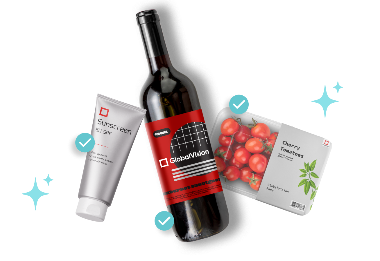 Three product packages being inspected using GlobalVision’s AI Compliance Assistant for packaging accuracy and regulatory compliance.