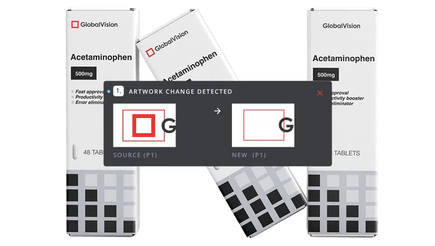 Packaging for pharmaceutical with a pop-up showing a logo change from a filled red square to an outline square.