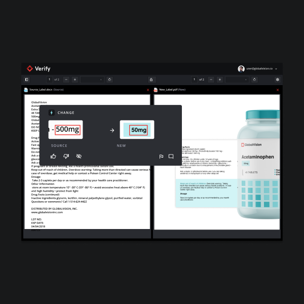 A digital interface displays a label change for Acetaminophen, altering the dosage from 500mg to 50mg, alongside product information.
