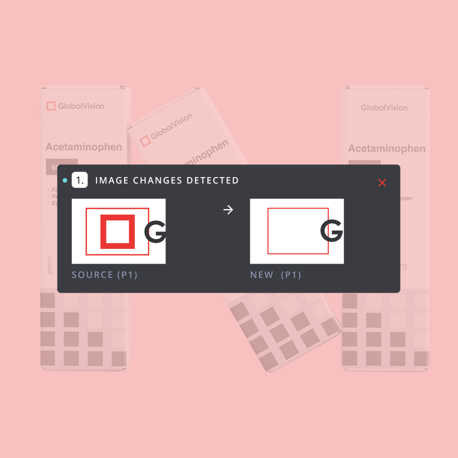 Image depicting a comparison of two images labeled 'Source (P1)' and 'New (P1)', showing detected changes with graphic elements, set against a pink background.