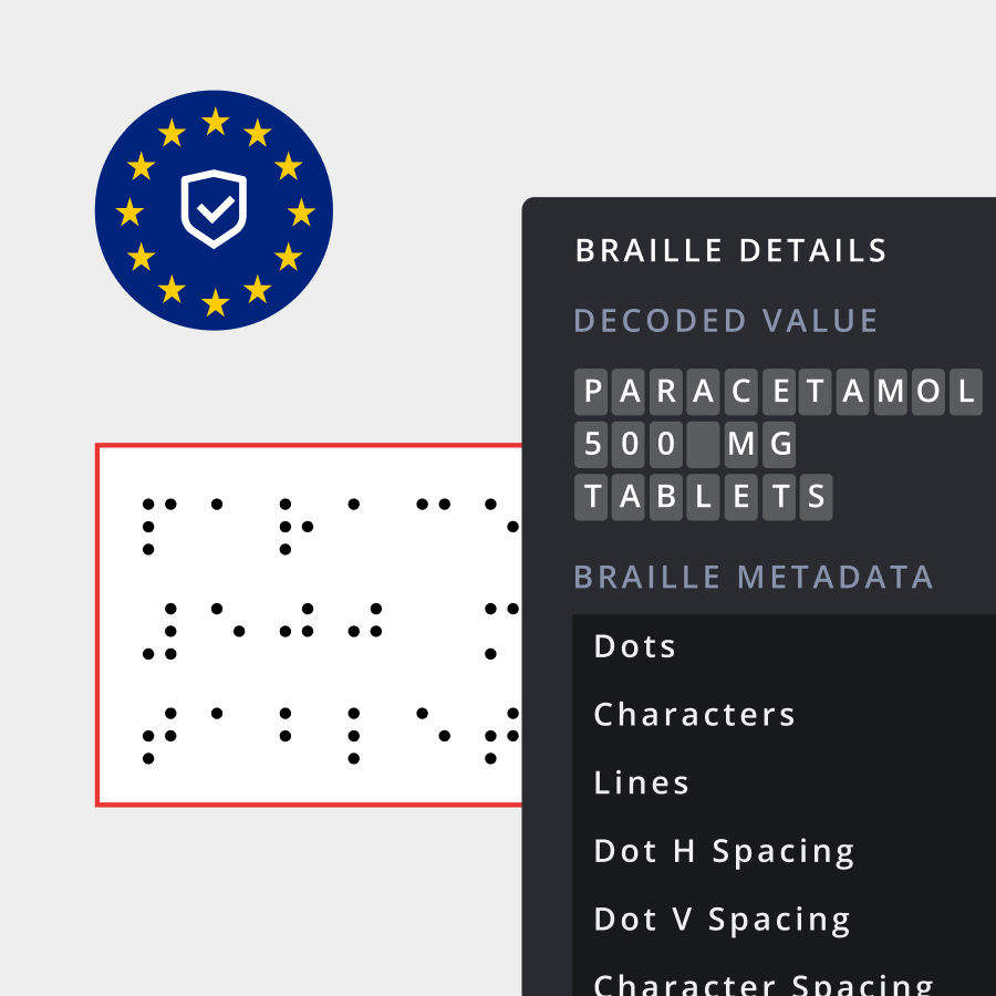 Braille display showing "Paracetamol 500 mg tablets" with EU emblem and detailed Braille metadata.