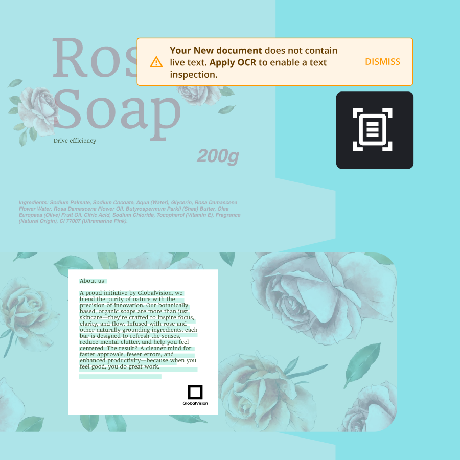 Rose soap label featuring ingredients, a description of the product, and a note about the brand, GlobalVision, promoting eco-friendly practices.