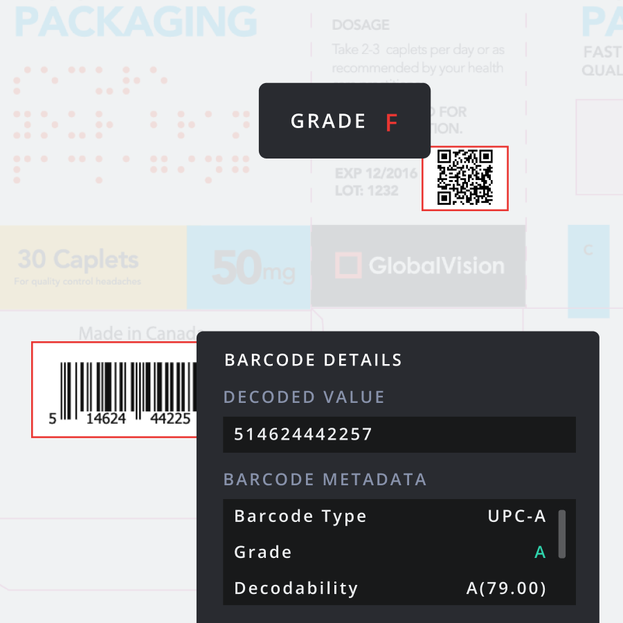 Barcode and product information display showing a grade F for packaging quality. Details include decoded value and barcode type.
