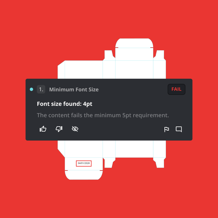 Error notification about font size on a red background. Text states: "Font size found: 4pt" and indicates a failure of minimum requirements.