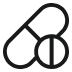 A simple black line drawing of a stylized abstract shape resembling a pill or capsule intertwined with circular elements.