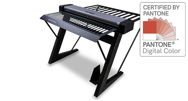 R44 Scanner with a sturdy stand, featuring a Pantone certification logo in the corner. Designed for digital color printing.