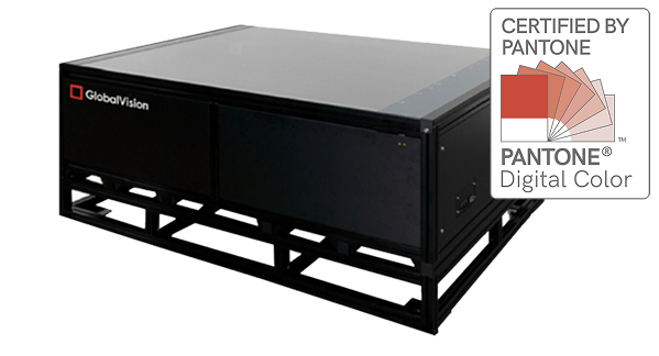 A black Scanner-A0  with a glass top, labeled "GlobalVision" and certified by Pantone.