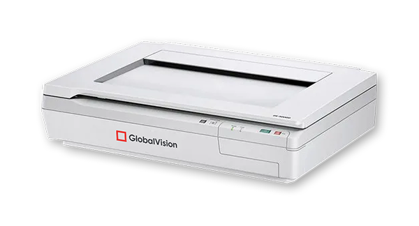 A sleek, white A3 scanner labeled "GlobalVision," featuring a covered scanning surface and control buttons on the side.