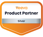 Veeva Product Partner Silver badge with orange and silver shield design.