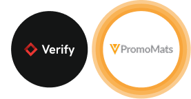 Verify and PromoMats logos side by side, with Verify on a black circle and PromoMats on an orange circle.