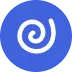Blue circular logo featuring a white spiral design in the center, symbolizing creativity and dynamism.