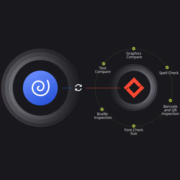 Diagramme visuel illustrant deux logos liés par une flèche. La gauche comprend un logo en spirale bleue et la droite affiche un logo en diamant rouge, entouré d'étiquettes d'inspection.