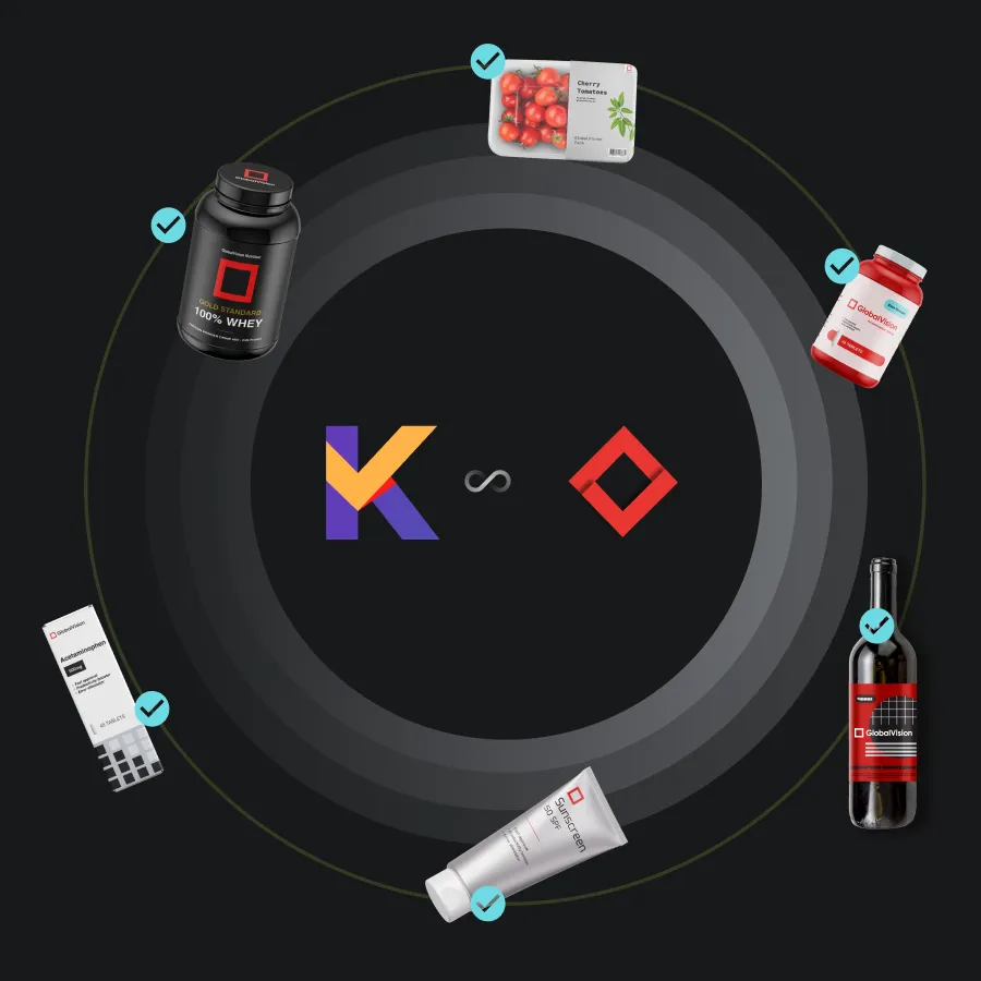 Products from a wellness brand arranged in a circular layout on a dark background, featuring various health items like protein powder and skincare.