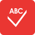 Red square icon featuring the letters "ABC" and a check mark, symbolizing correctness or completion in a task.