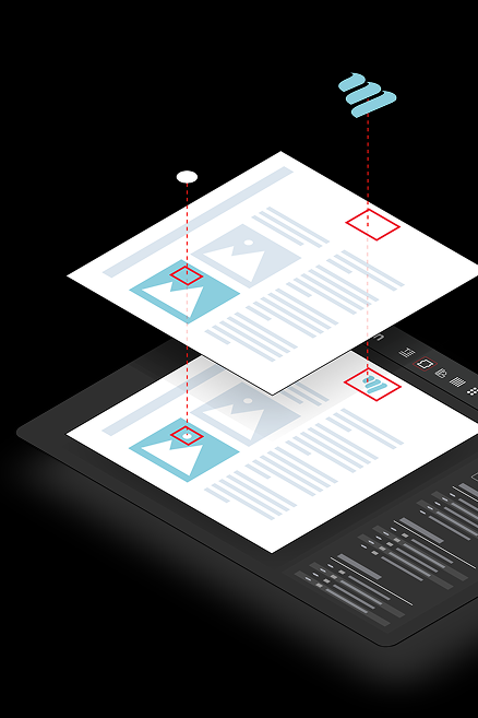 Illustration of layered digital documents with highlighted images and annotations, displayed on a dark background.